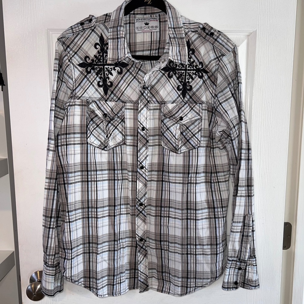 Pop Icon Clothing Plaid Shirt Western Embroidered Long Sleeve Mens Size‎ L